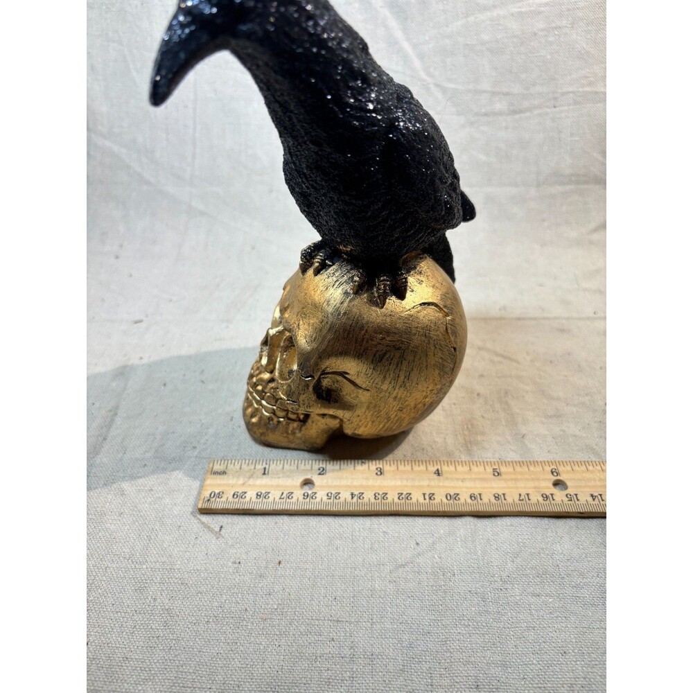 Raven On Gold Skull Halloween Decor Statue Black Glitter Bird Crow - Picture 7 of 8